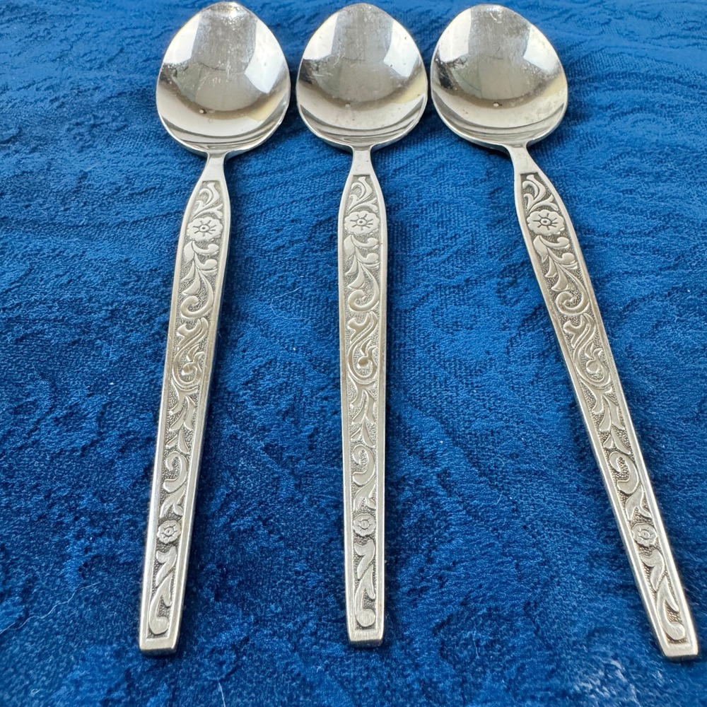 Berbes Stainless Steel Teaspoons Antigua Grand Prix Style Pattern Floral Set 3